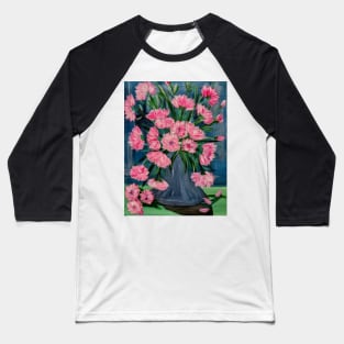 Pink and white carnations flowers in a blue and silver metallic vase. Baseball T-Shirt